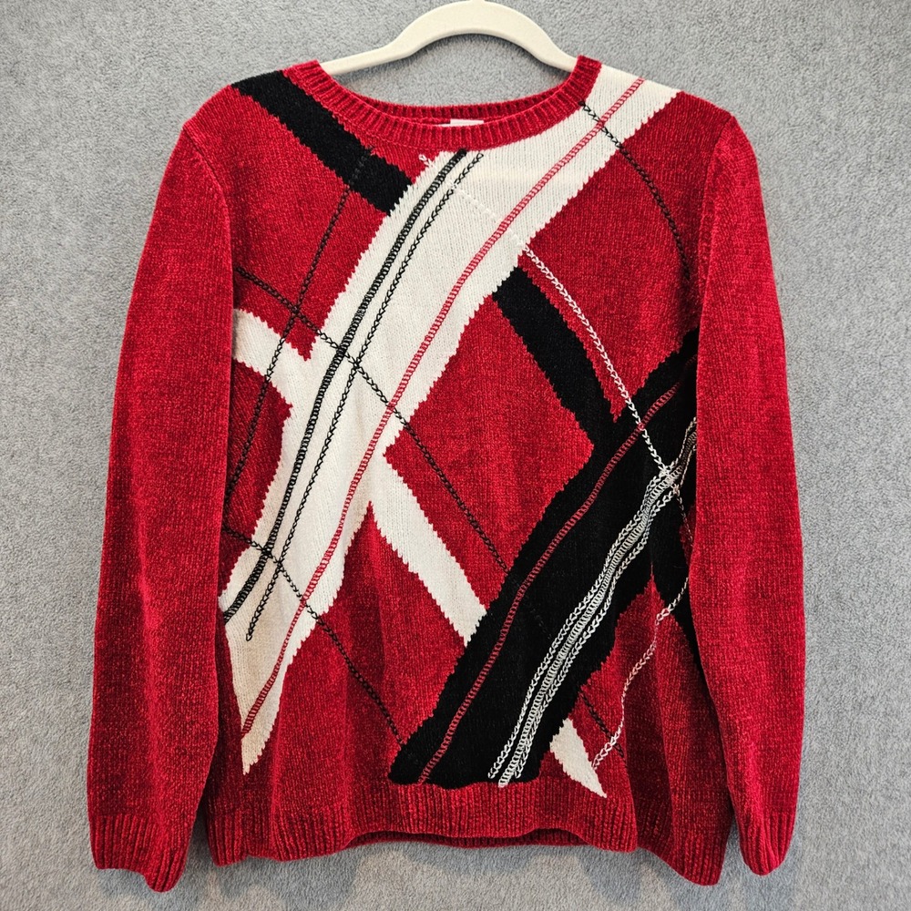 ALFRED DUNNER Sweater Women PXL Red Chenille Intarsia Knit Soft Casual Pullover